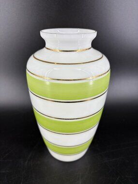 Bohemian Czech Cased Art Glass Vase Green Gold Striped MCM Mod